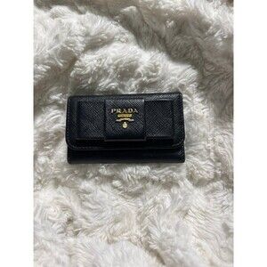 PRADA Leather Logo Wallet Small black Saffiano Compact Key Case Hooks Holder Bow